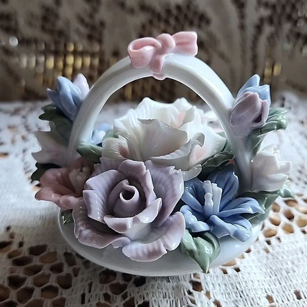 Vtg Lovely Detailed Porcelain Glossy Glazed Floral Basket Intricately Detailed